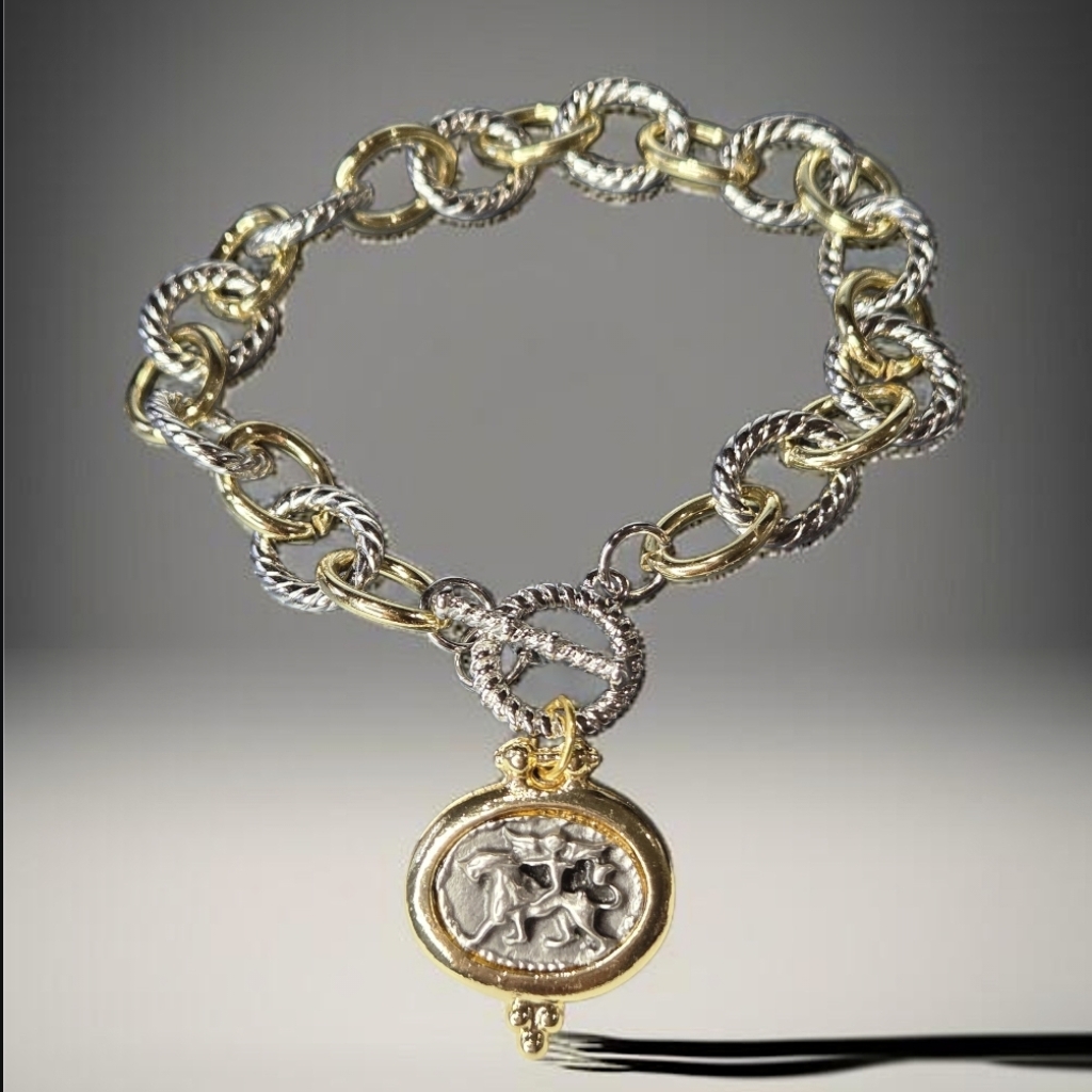 Etruscan Revival 2 Tone Silver Gold Twisted Rope Ancient Coin Toggle Bracelet